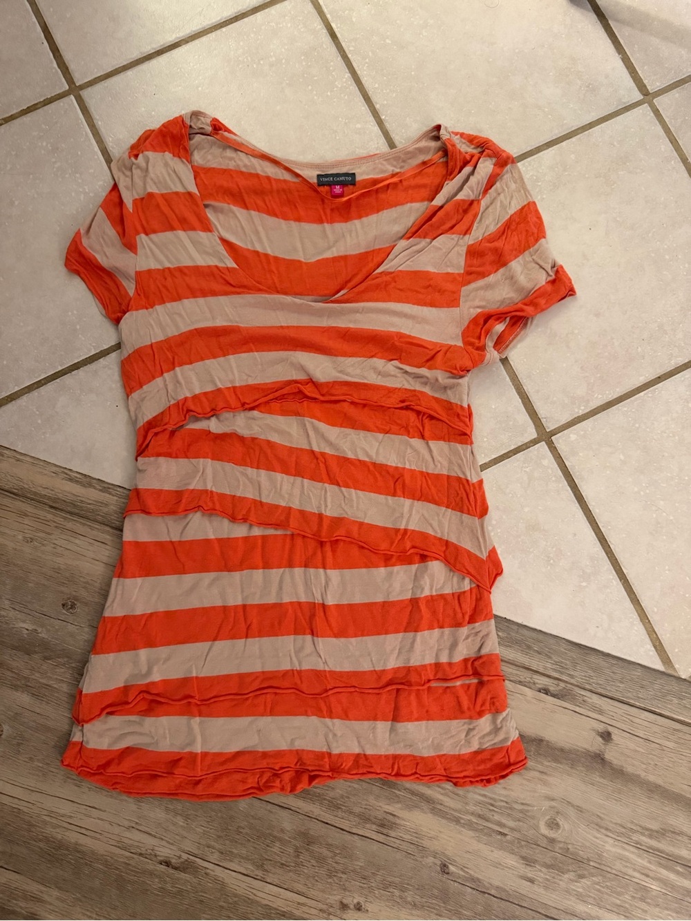 Vince Camuto Orange & Beige Striped V-Neck Short Sleeve Top